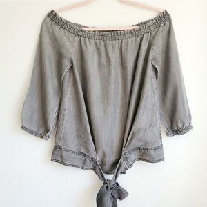 1250 C Chambray Off The Shoulder Peasant Top Ties at Waist Gray Small